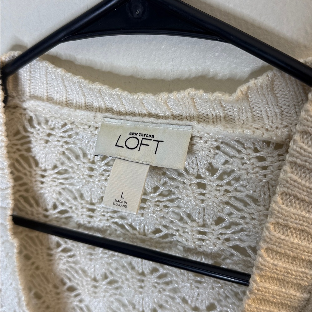 LOFT Cream Knit Women's Short Sleeve Button Front Cardigan Size Large - Picture 2 of 4